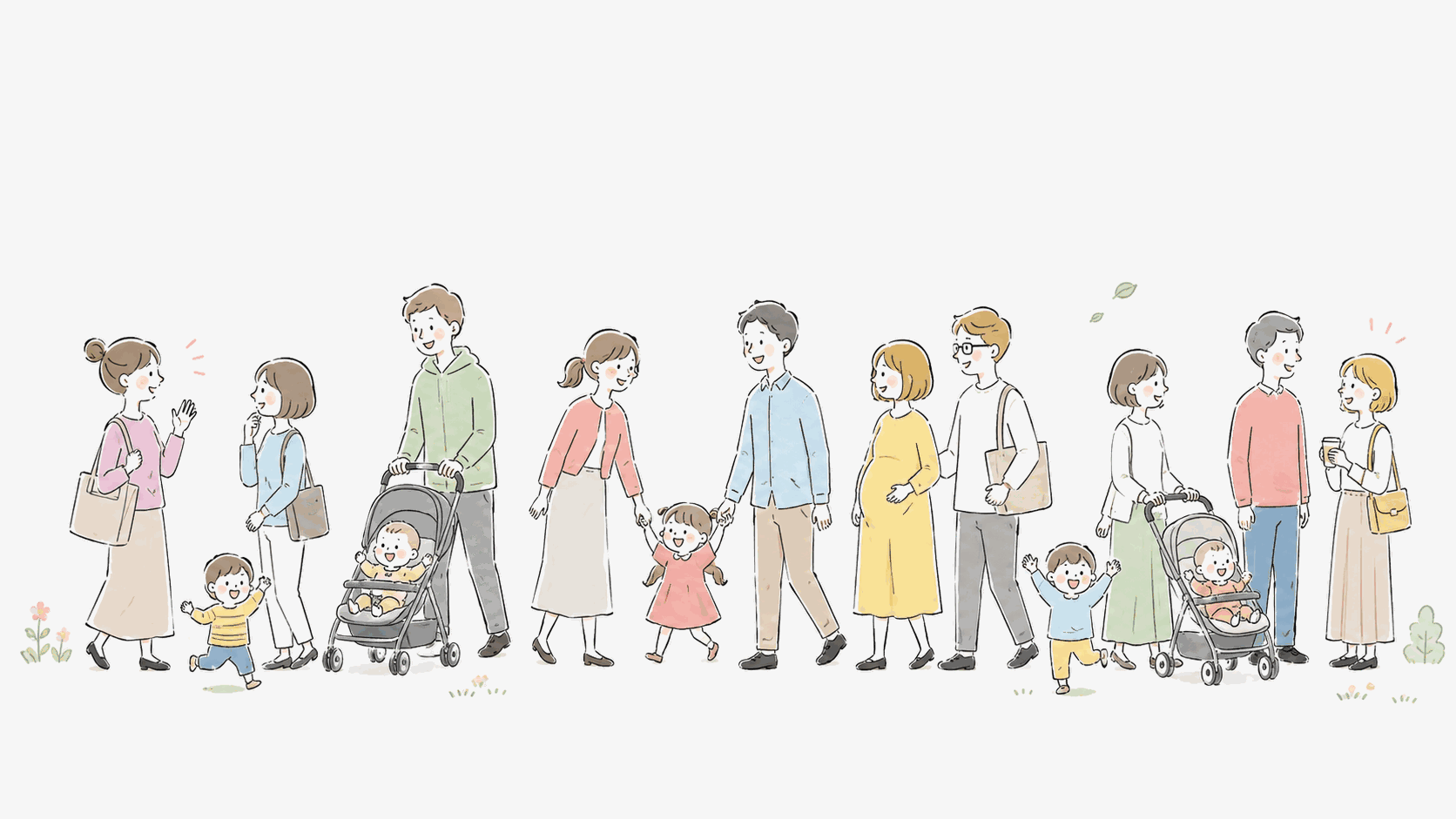 妊活中から育児中まで、多彩な家族やメンバーが並んでいるイラスト
